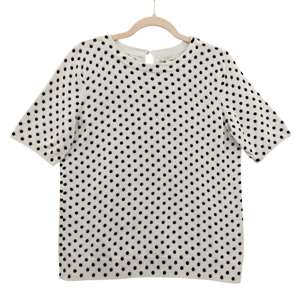 Talbots Womens Preppy Retro Mod Classic Cotton Polka Dot Sweater M White Black